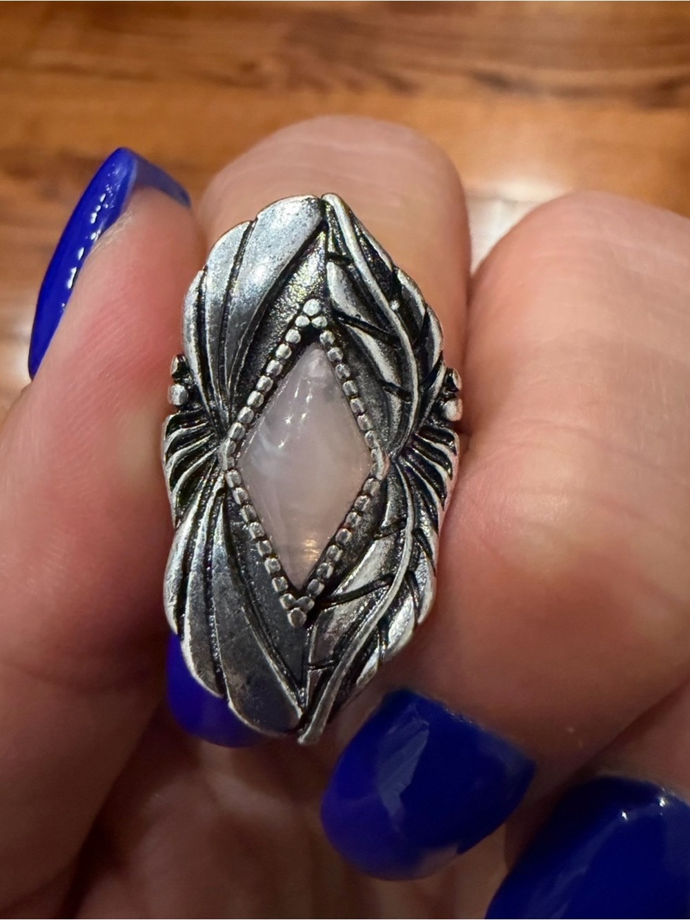 Free People Silver-Tone Leaf Ring with Pale Pink Marquise Stone